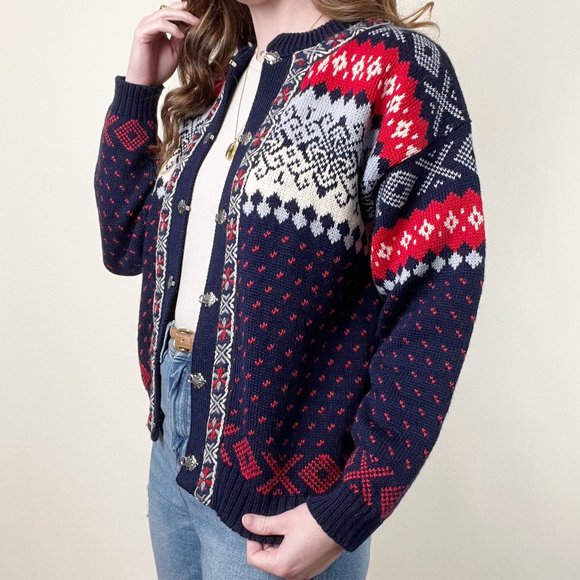 Vintage Norwegian Fair Isle Wool Knit Embroidered Oversized Cardigan Sweater - Picture 2 of 8